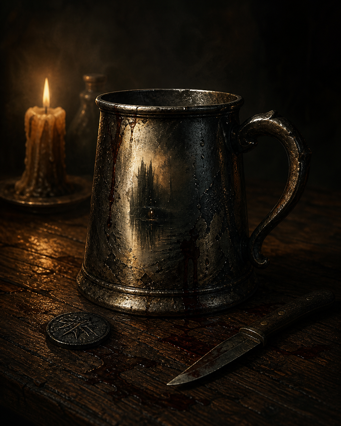 Weathered tankard on a scarred wooden table with candlelight, a black coin, a knife, and deep shadow